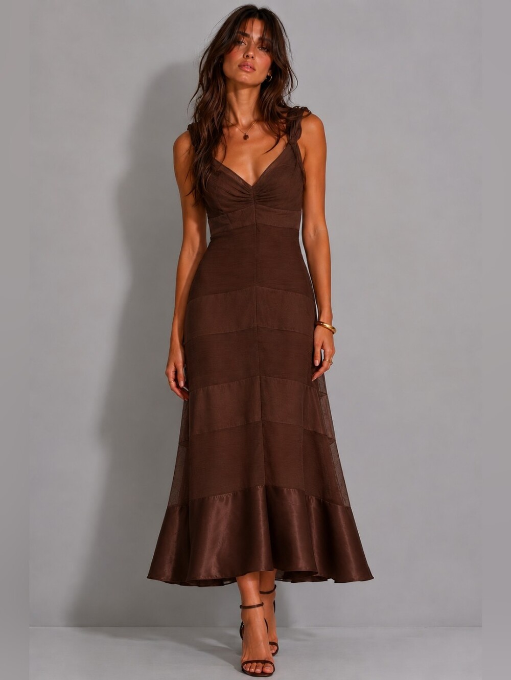 BCBGmaxazria BCBG Warm Brown Satin & Silk Midi Sleeveless  Dress Size 2